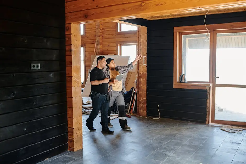 Two people inspecting a room under renovation, pointing at the walls.
