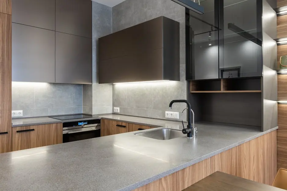 Modern kitchen with sleek countertop and minimalist design.