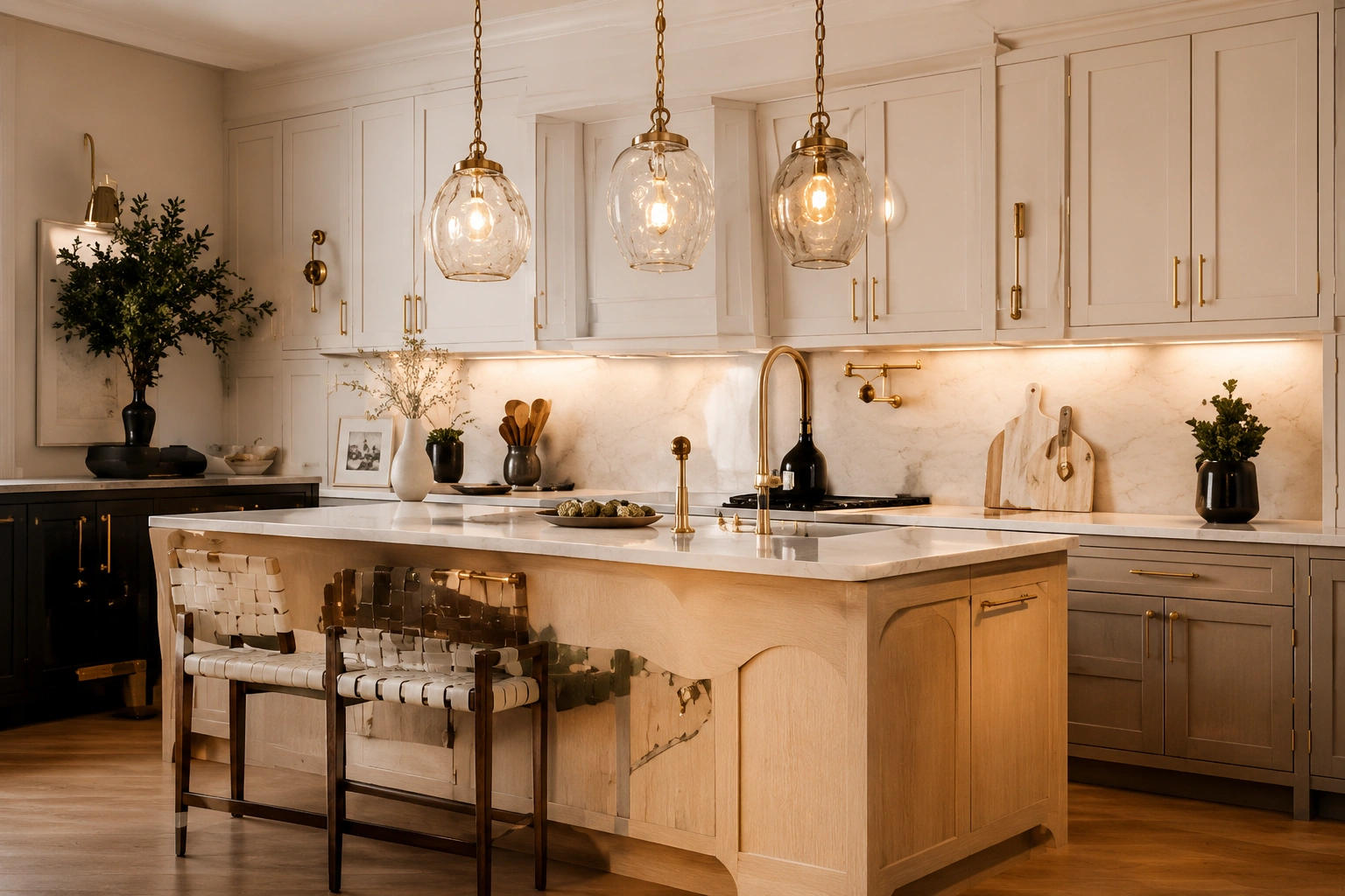 Elegant kitchen with island and pendant lights.