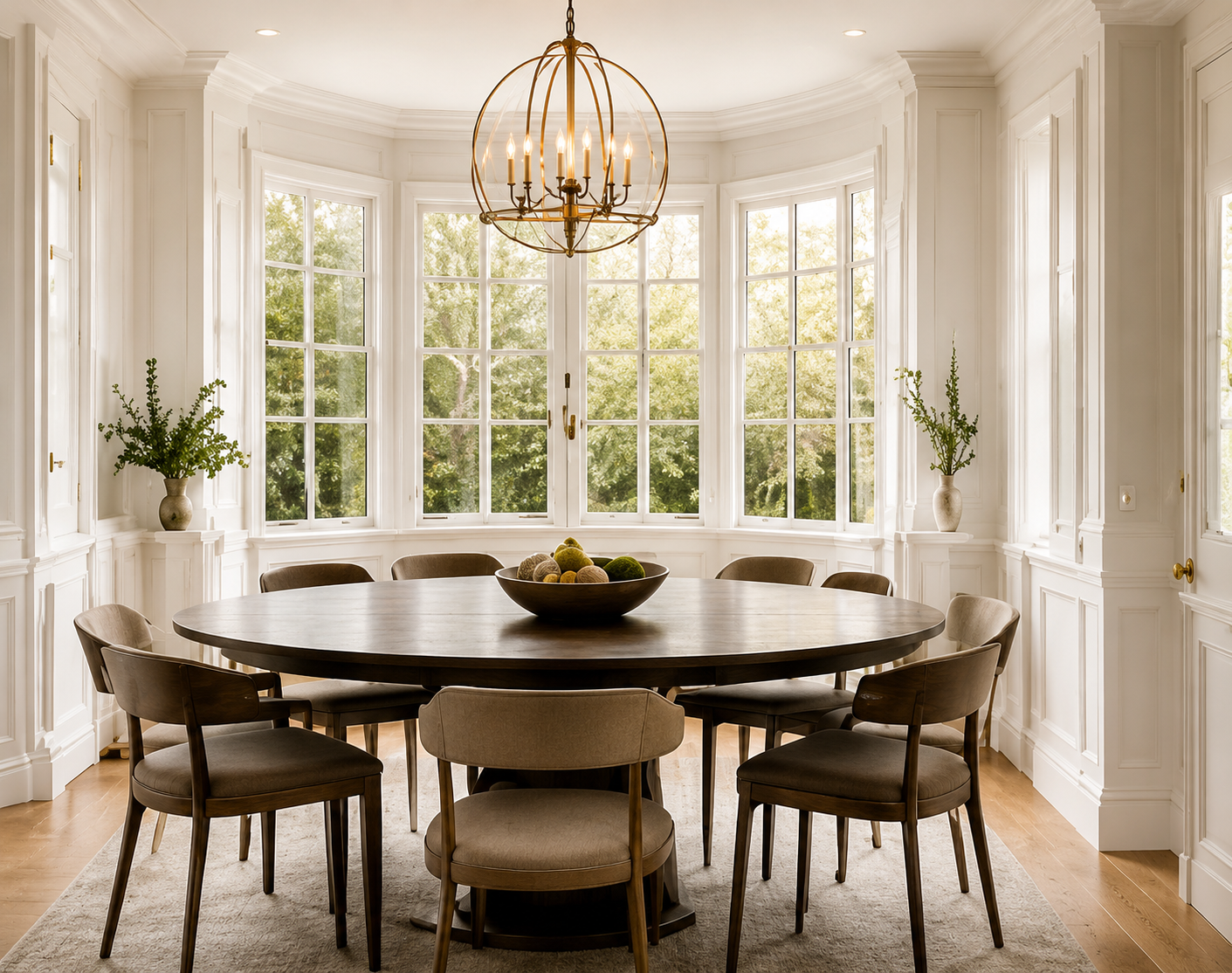 Elegant dining room with large windows.