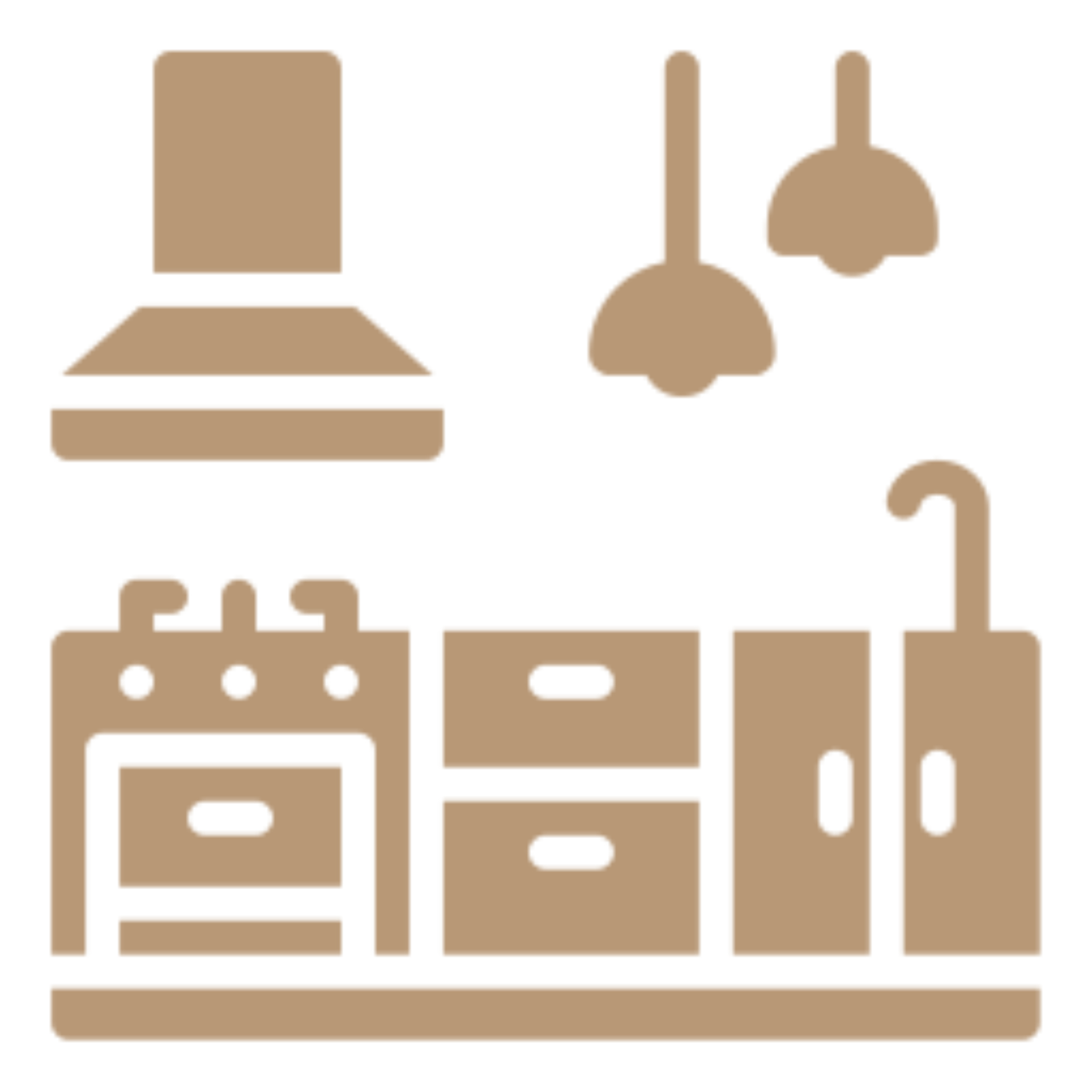 Kitchen icon with a stove, oven, and other kitchen utensils, such as a chimney, a sink, a tap