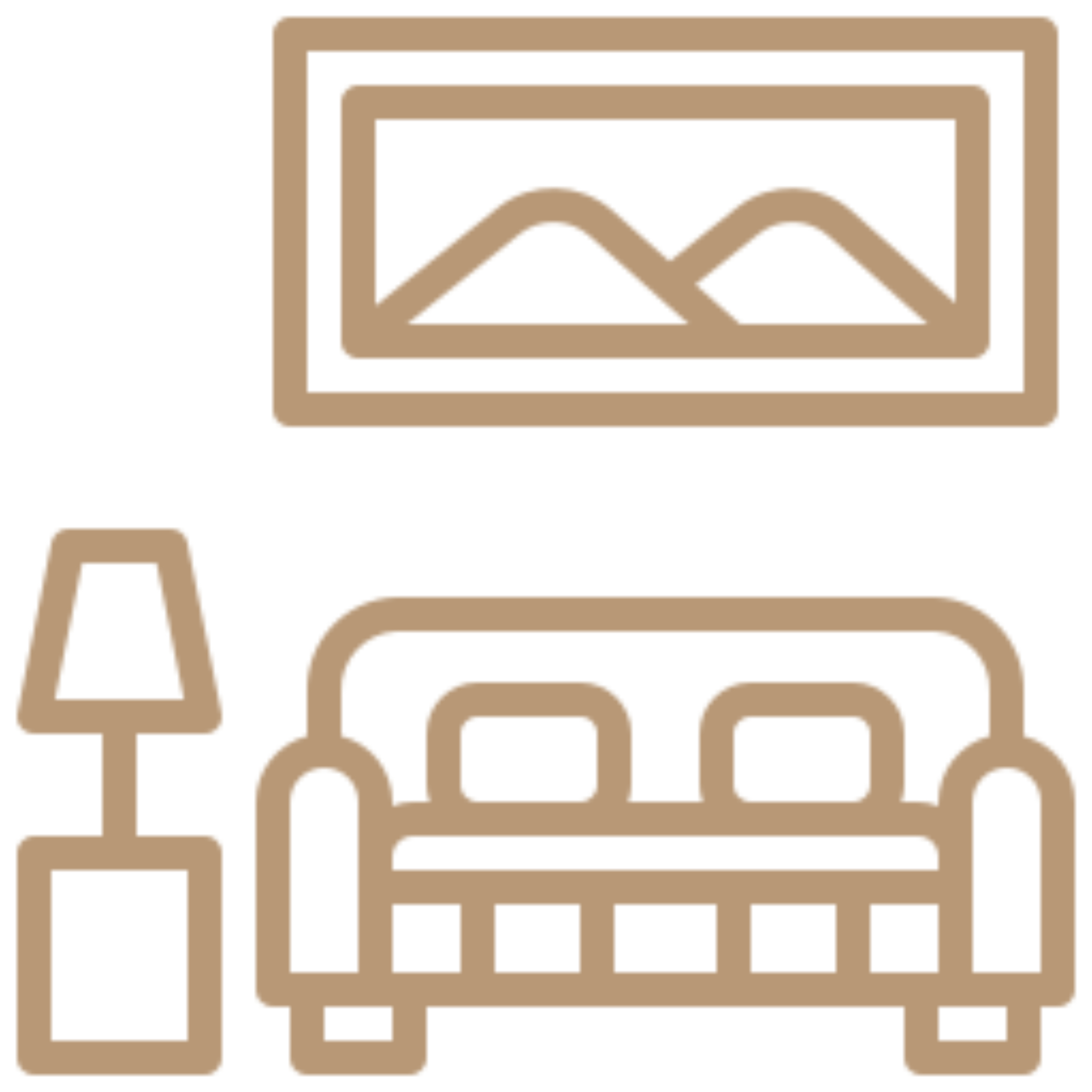 Living room with a couch and a lamp, as well as a photo frame, all in a flat line style