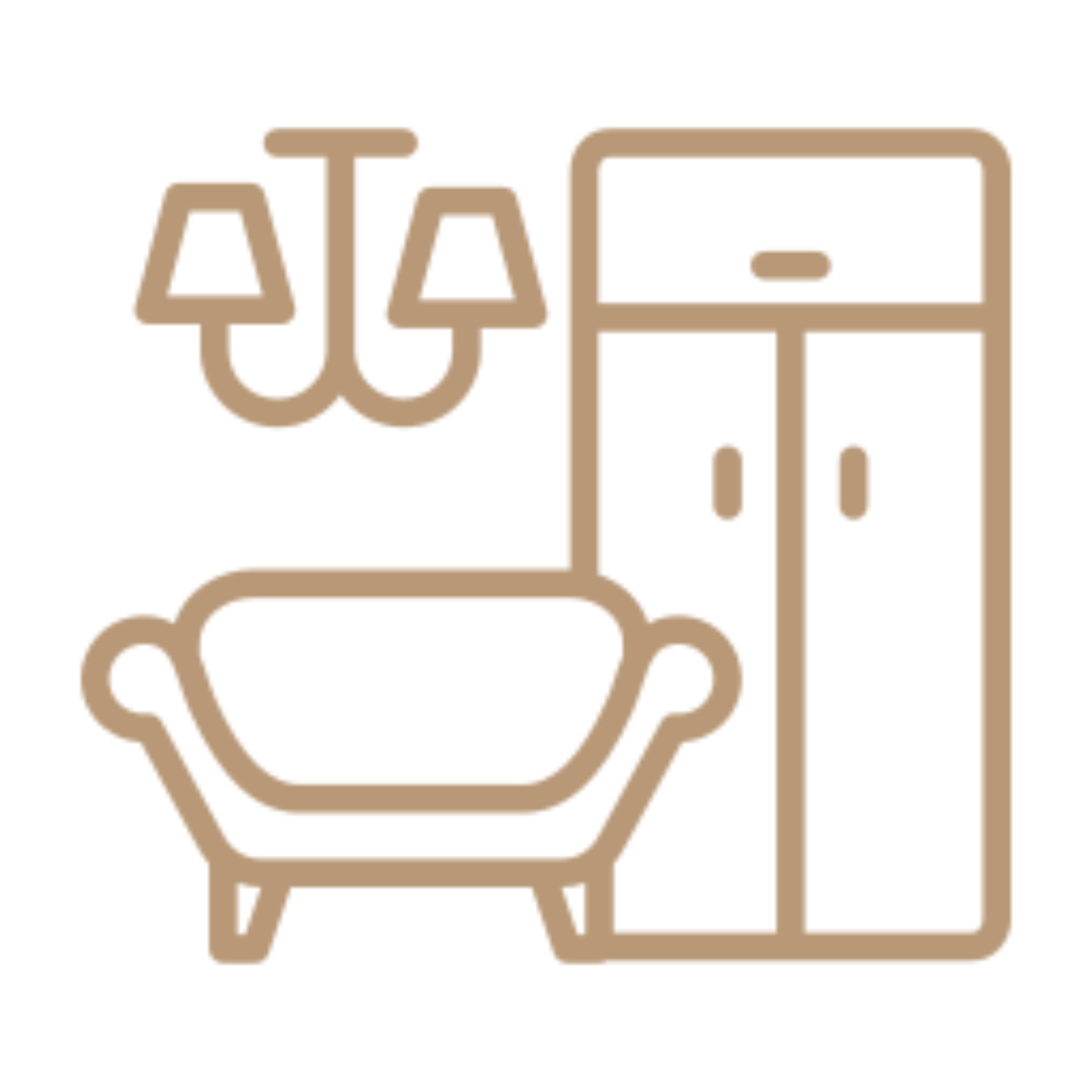 Living room with a sofa, a cupboard, and a lamp, all in a line art style
