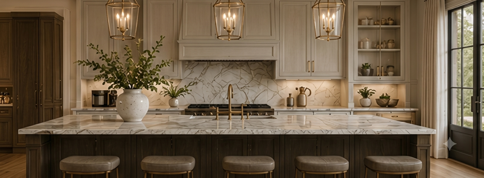 Luxurious kitchen with marble island and stools.