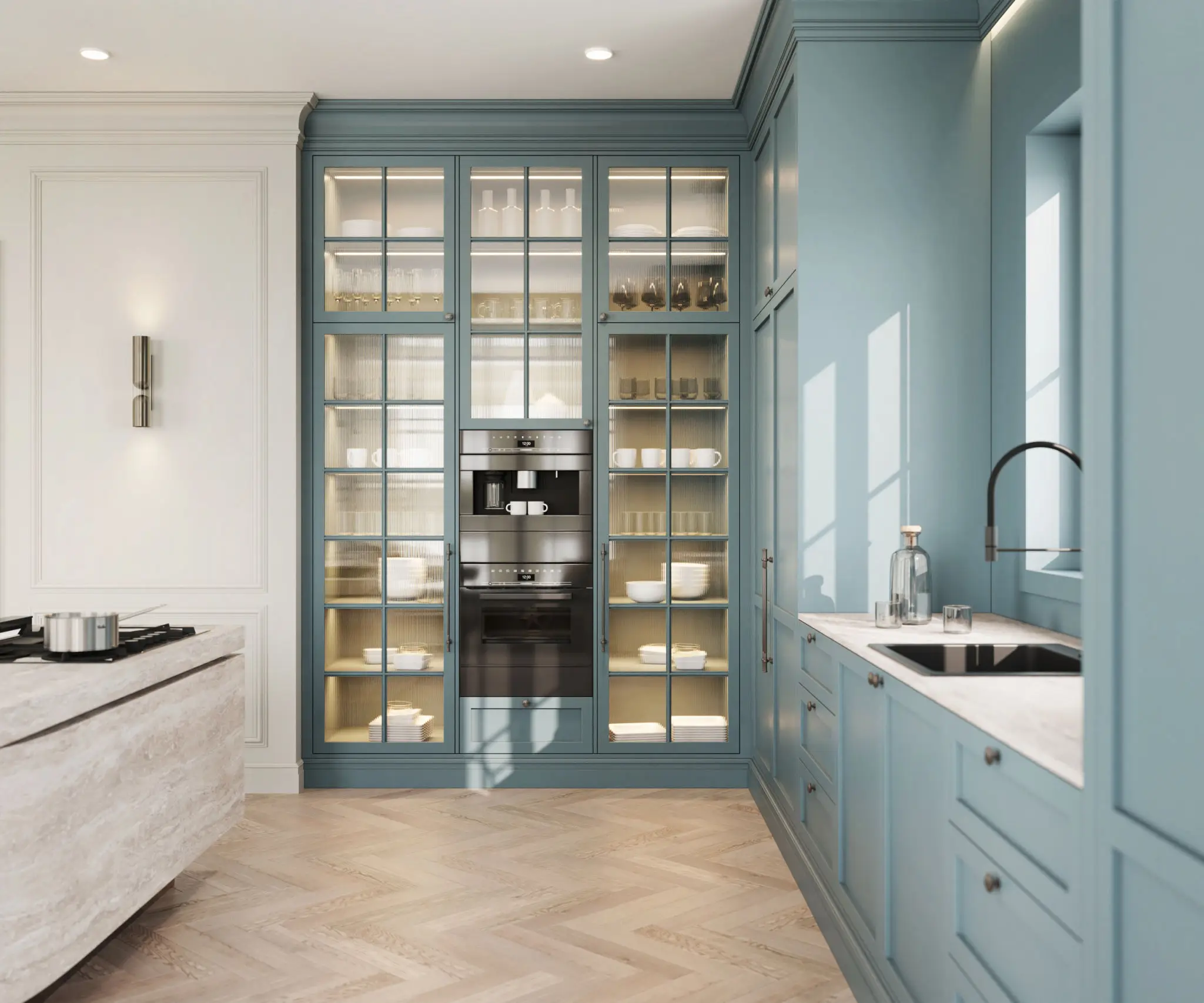 Kitchen with blue cabinets and white counter tops