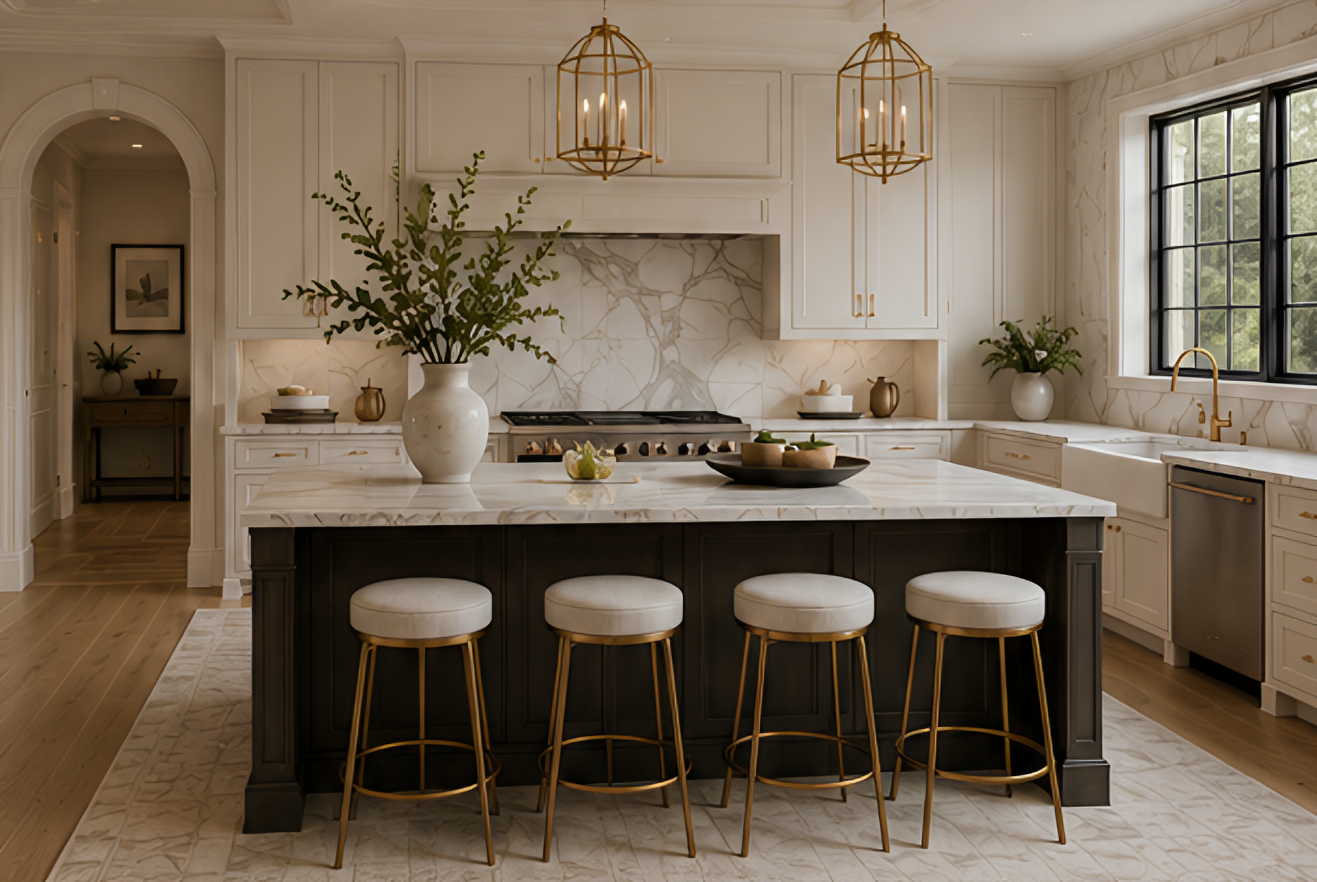Kitchen with white cabinets and a large island in the center