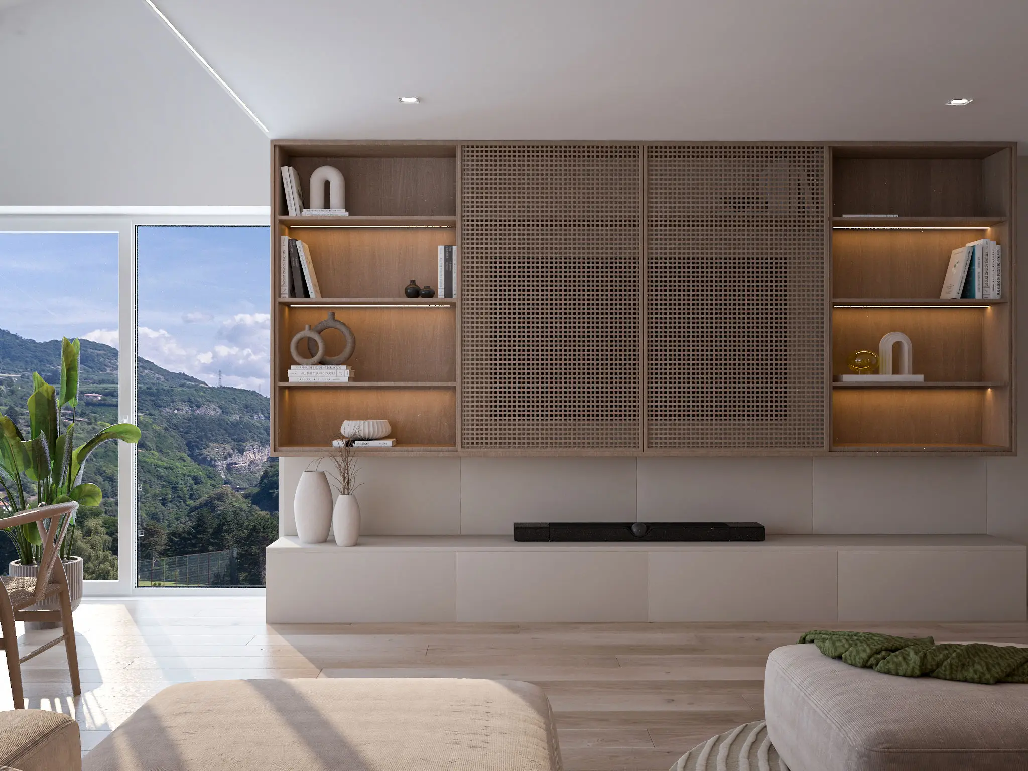 Modern living room with mountain view window.