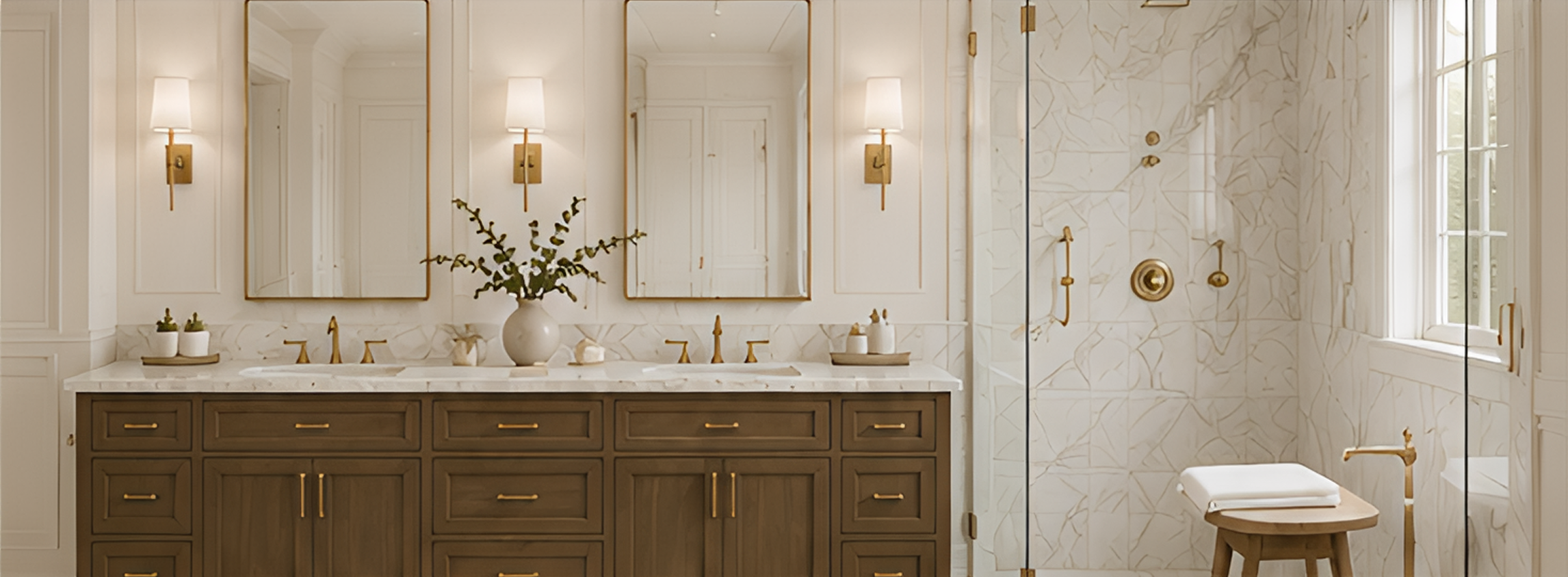 Elegant bathroom with mirrors and marble shower.