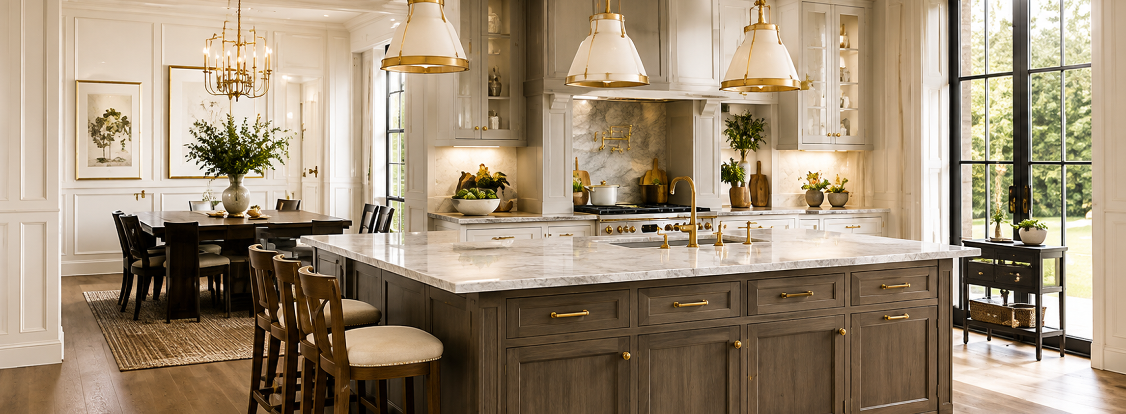 Luxurious kitchen with island and dining area.