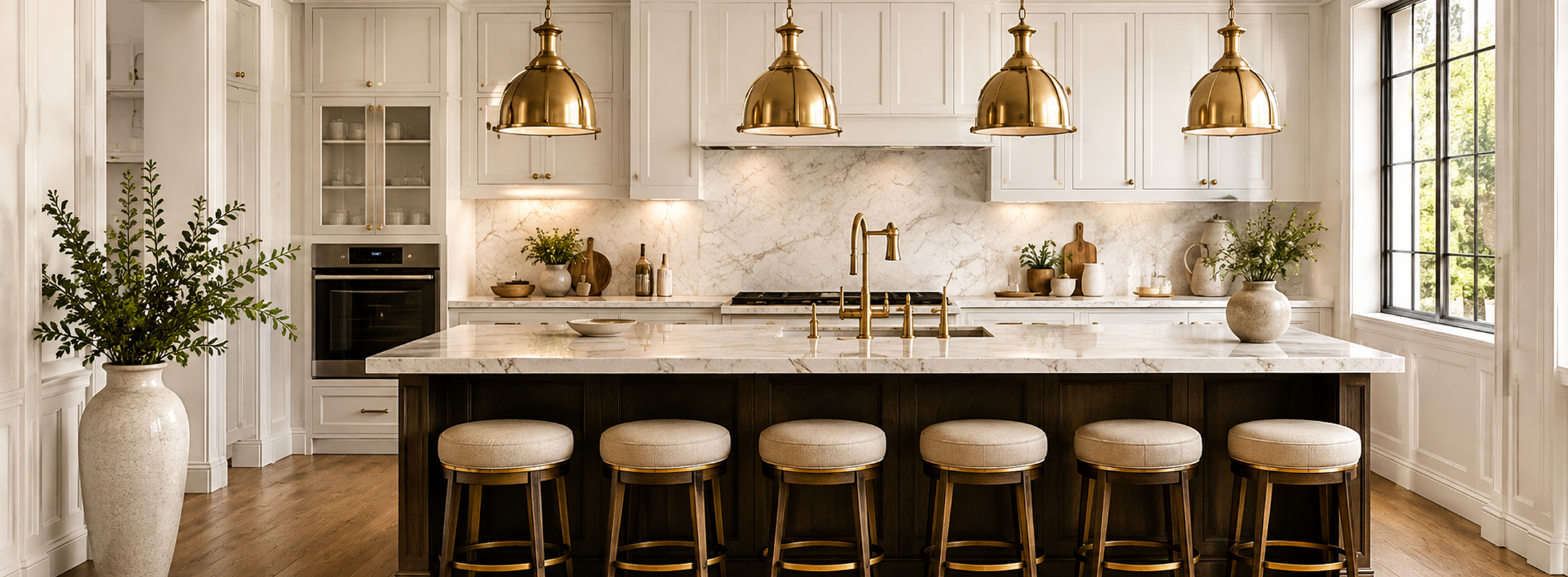 Modern kitchen with marble island and stools.
