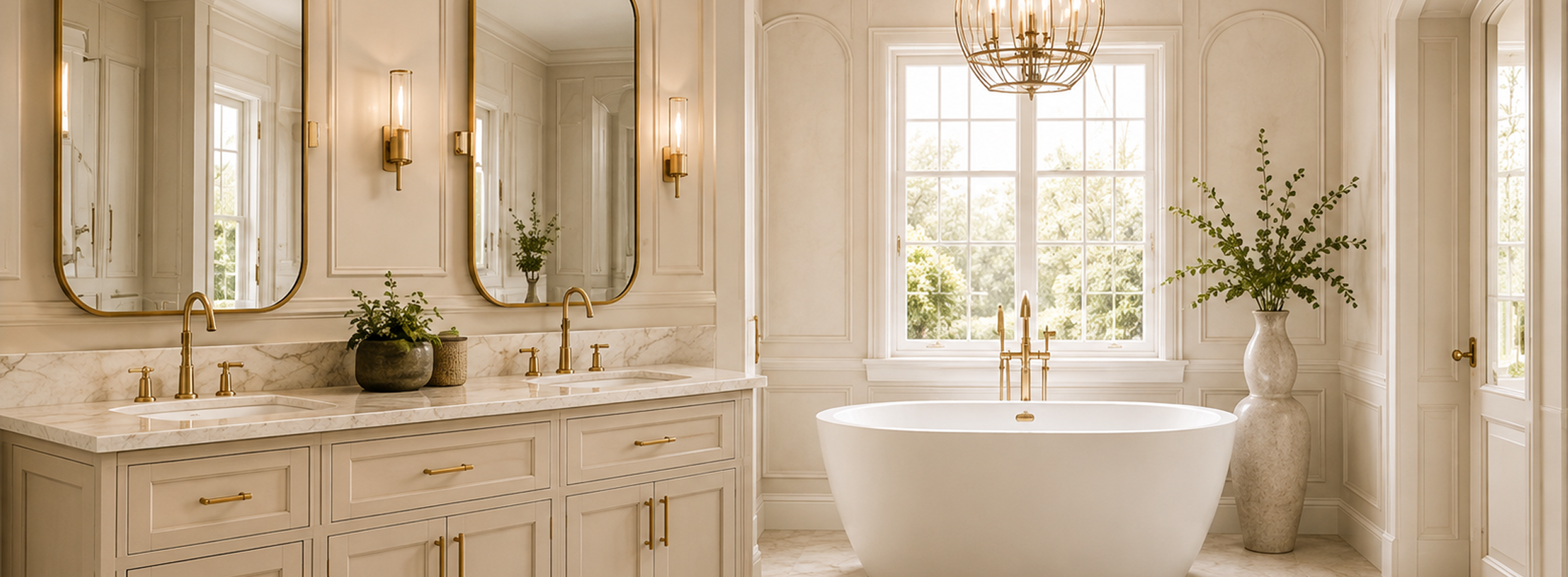 Luxurious bathroom with bathtub and double sinks.