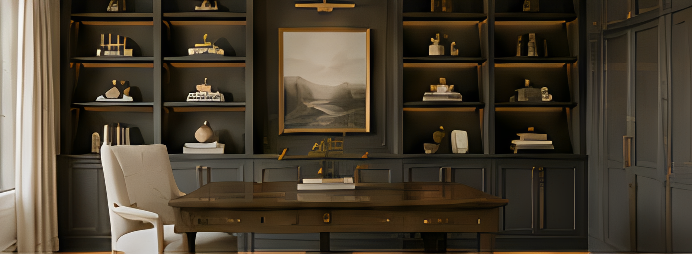 Elegant home office with dark bookshelves.