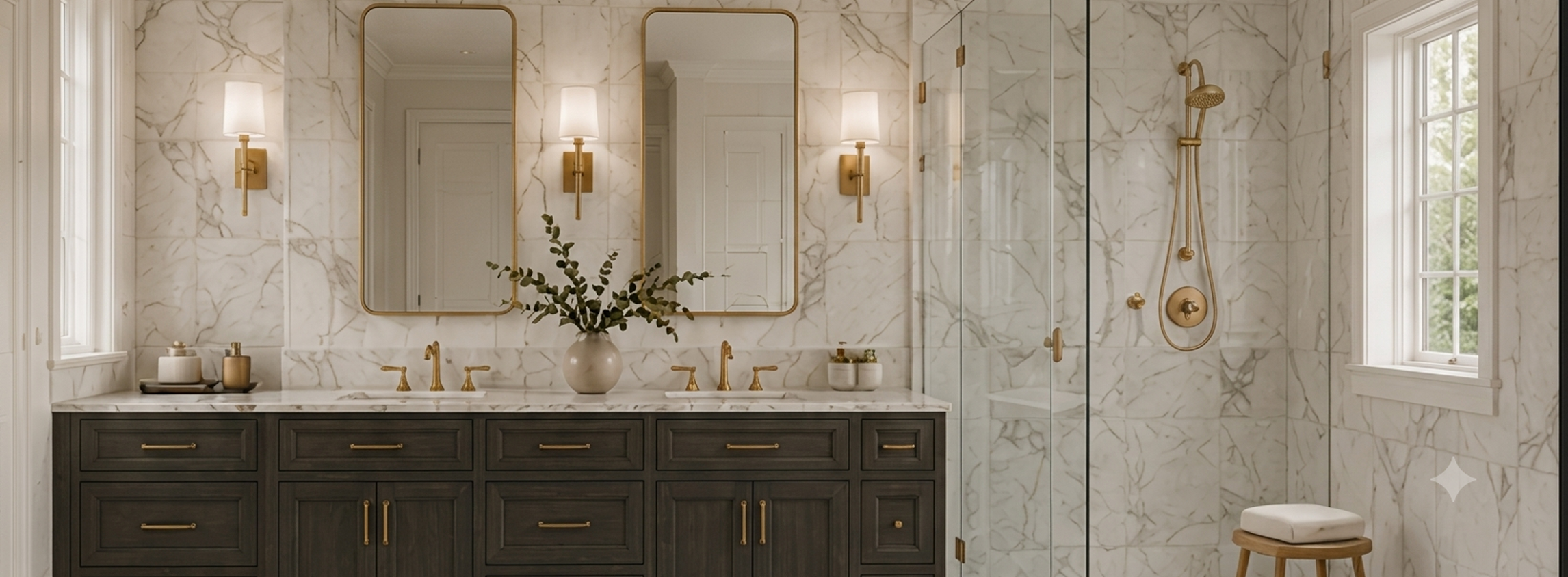 Elegant bathroom with marble and gold accents.