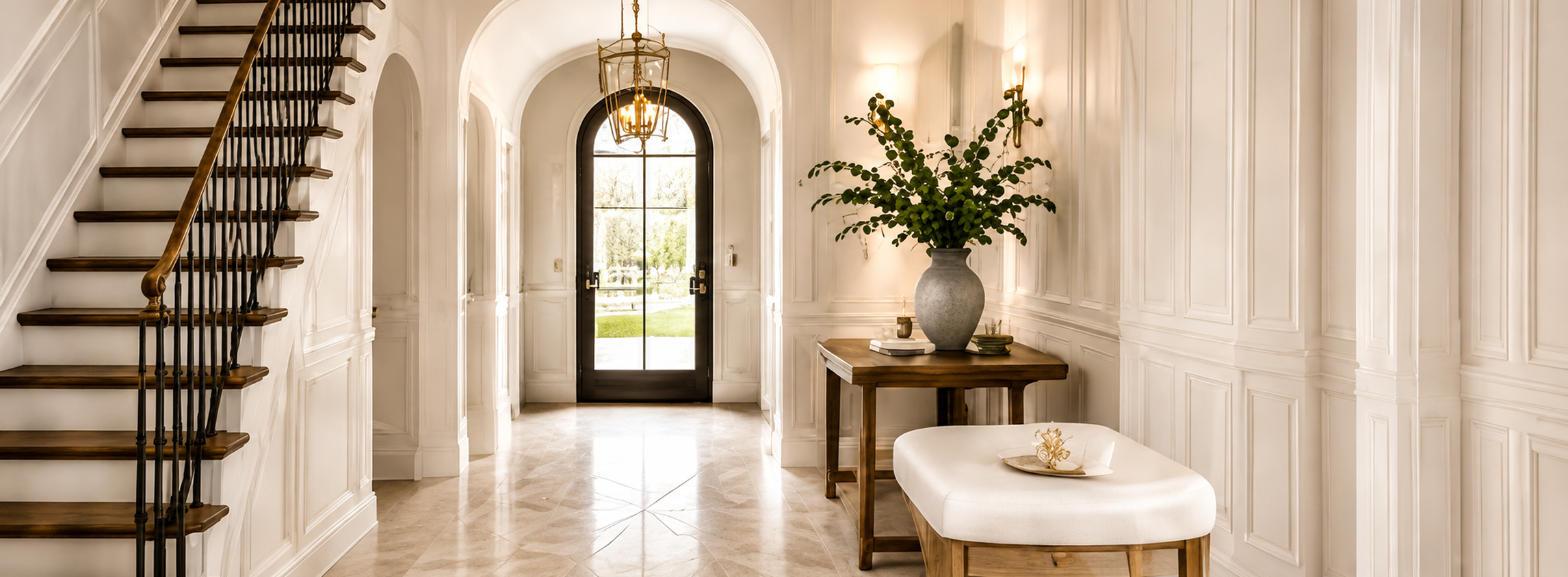 Elegant hallway with staircase and decorative table.