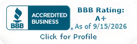 Logo with the text "BBB Rating A+ - Click for Profile" written on it