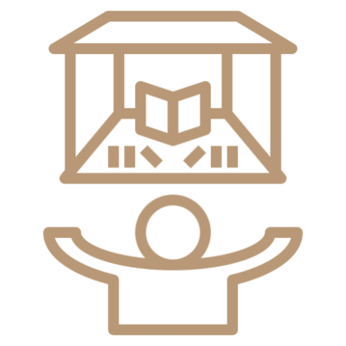 Person with their arms outstretched in front of a box, which is a representation of a library icon