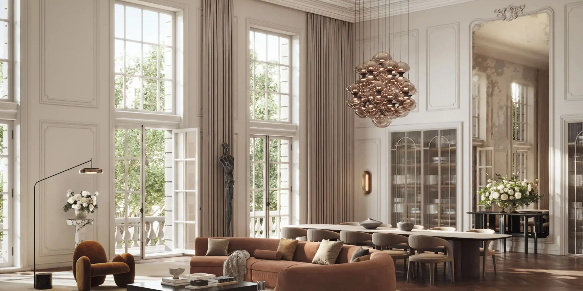 “Custom floor-to-ceiling library cabinetry with integrated lighting in a Chicago luxury residence designed by L Rose Interior Design