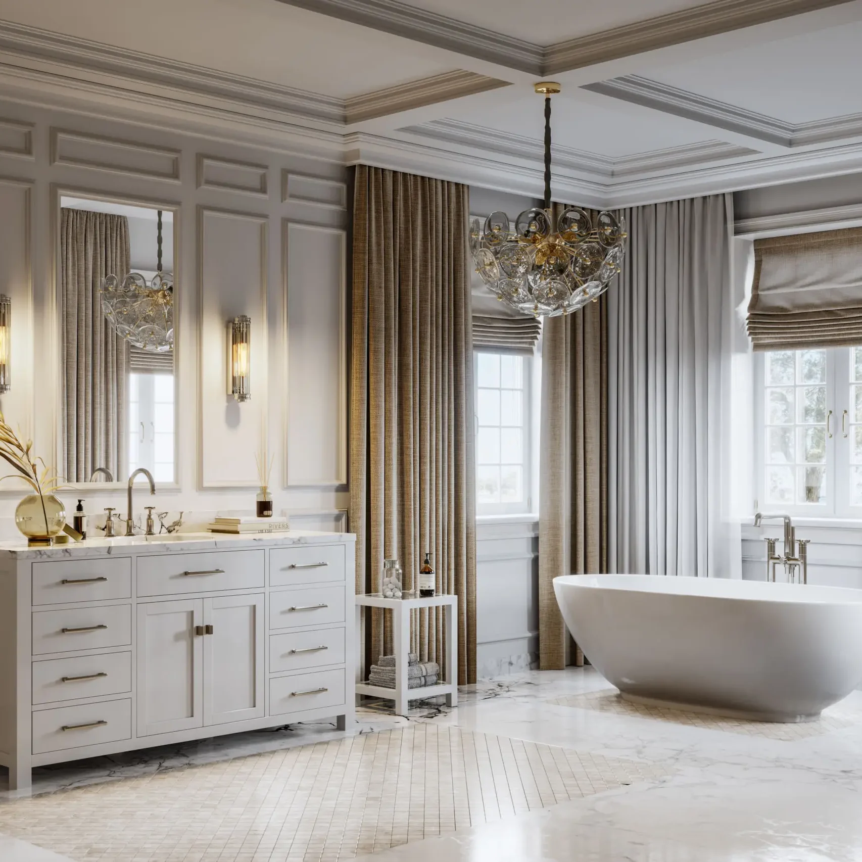 Luxurious bathroom with a large tub, two sinks, a chandelier, a mirror, electric lights attached to the wall